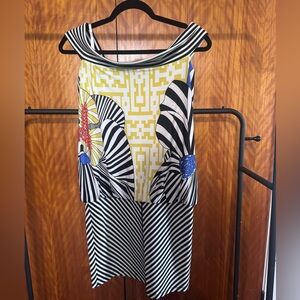 Analili Black & White Off Shoulder Dress with Yellow and Blue Accents